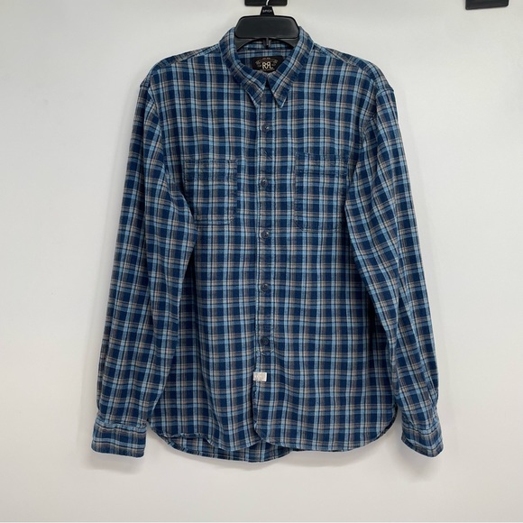 Ralph Lauren Double RL (RRL) Button Down Shirt Men’s L Blue Plaid - Picture 1 of 9